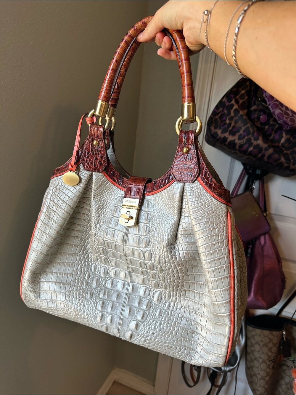 Brahmin White/Light Grey Croc-Embossed Leather Shoulder Bag with Burgundy Trim